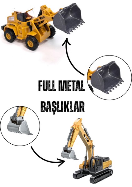 Oyuncak Kutulu Metal Başlıklı Iş Makinaları Seti Kepçe Bulldozer Forklift 4 Ü 1 Arada Set Sürtmeli Mini Inşaat Araçları modelleri