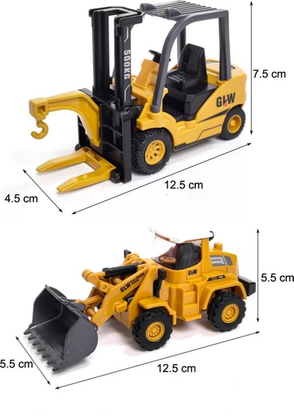 Oyuncak Kutulu Metal Başlıklı Iş Makinaları Seti Kepçe Bulldozer Forklift 4 Ü 1 Arada Set Sürtmeli Mini Inşaat Araçları fırsatları