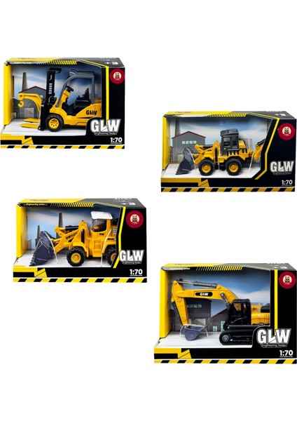 Oyuncak Kutulu Metal Başlıklı Iş Makinaları Seti Kepçe Bulldozer Forklift 4 Ü 1 Arada Set Sürtmeli Mini Inşaat Araçları