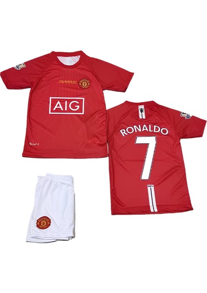 2008 Sezon Retro Ronaldo Kırmızı Futbol Çocuk Forması 2'li Set Forma+Şhort