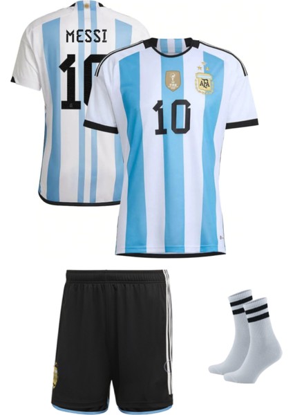 Arjantin 2023/2024 Sezon Messi Dünya Kupası 3 Yıldız Futbol Çocuk Forması 3'lü Set Çorap Hediyeli