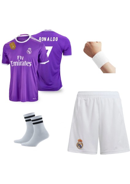 2016/17 Real Madri'd Ronaldo Mor Futbol Çocuk Forması 4'lü Set (Beyaz Şortlu) Çorap +Bileklik Hediyeli