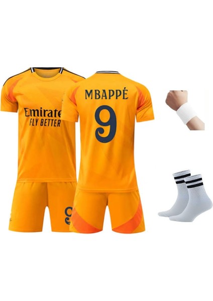 Mbappe 2025 Sezon Real Madri'd Turuncu Futbol Çocuk Forması 4'lü Set Çorap+Bileklik Hediyeli