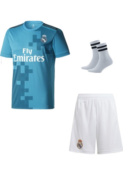 2018 Şampiyonlar Ligi Ronaldo Turkuaz Futbol Çocuk Forması 3'lü Set (Beyaz Şortlu)
