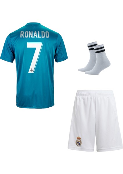 2018 Şampiyonlar Ligi Ronaldo Turkuaz Futbol Çocuk Forması 3'lü Set (Beyaz Şortlu) fiyatları