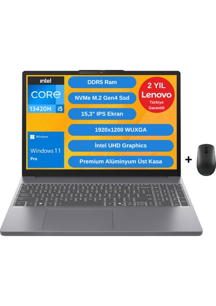 Ideapad Slim 3 Intel Core I5 13420H 40GB 512GB SSD 15.3" Wuxga Windows 11 Pro Taşınabilir Bilgisayar - Lenovo Mouse WZ41