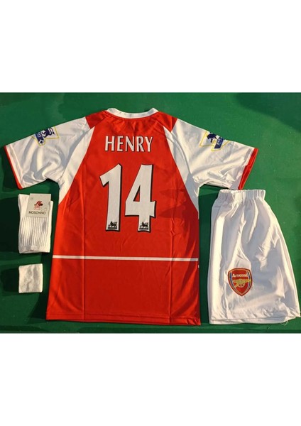 Arsenal 2005 Sezon Retro T. Henry 14 Numara Futbol Çocuk Forması 4'lü Set Çorap + Bileklik Hediyeli
