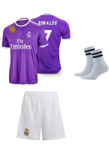 2016/17 Real Madri'd Ronaldo Mor Futbol Çocuk Forması 3'lü Set (Beyaz Şortlu) Çorap Hediyeli
