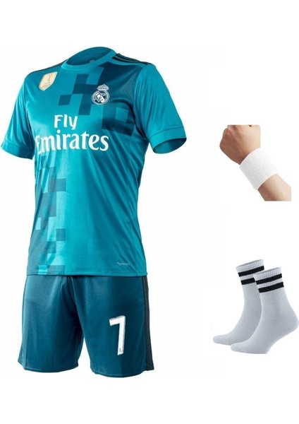 Ronaldo Real Madri'd 2018 Sezon Turkuaz Futbol Çocuk Forması 4'lü Set Çorap + Bileklik Hediyeli