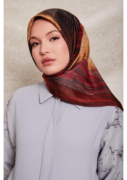 Bordo Çizgi Desen Twill Ipek EŞARP-0916