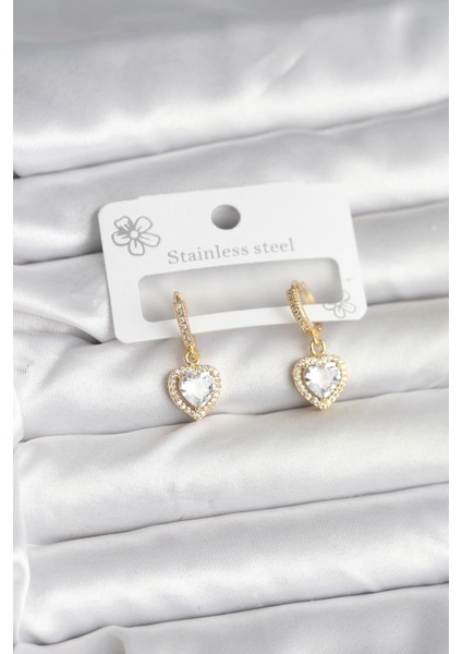 Bfs Pirinç Gold Renk Zirkon Taşlı Kalp Model Kadın Küpe