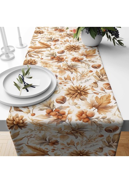 Sonbahar Kozalak Desenli Dijital Baskı Dikişli Dikdörtgen Masa Runner
