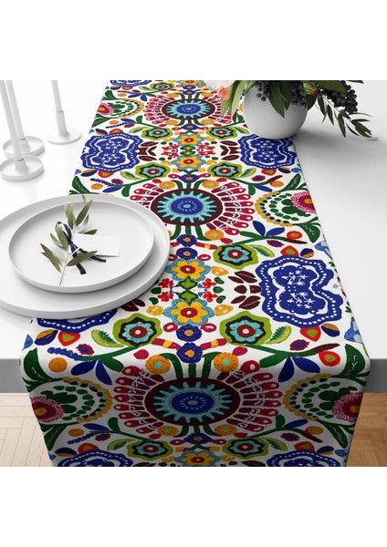 Bohem Desenli Dijital Baskı Dikişli Dikdörtgen Masa Runner