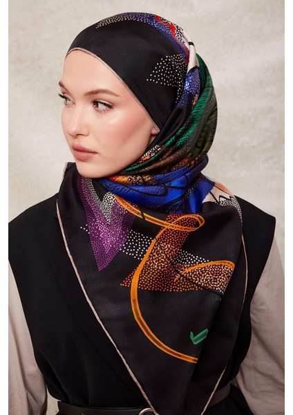 Koyu Lacivert Karmaşık Desen Twill Ipek EŞARP-0915