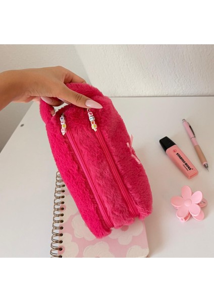 Double Softy Kalemlik/ Iki Fermuarlı/ Çift Bölmeli/ Makyaj Çantası/ Peluş/ Tüylü