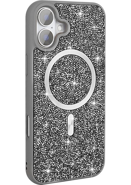 iPhone 17 Kılıf Pırlanta Tasarımlı M-Safe Şarj Özellikli Vrdr Mozaik Silikon Kapak - Titanyum-Gri