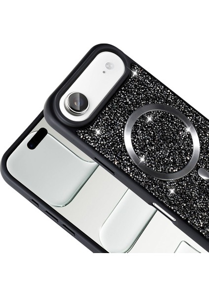 iPhone 17 Air Kılıf Pırlanta Tasarımlı M-Safe Şarj Özellikli Vrdr Mozaik Silikon Kapak - Titanyum-Gr
