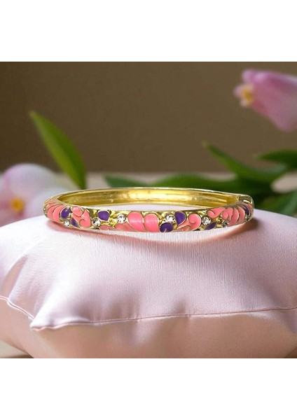 Pembe Mor Yaprak Desenli Mineli Çelik Bilezik modelleri