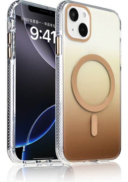 iPhone 15 Kılıf M-Safe Şarj Özellikli Transparan Renk Geçişli Vrdr Toros Kapak - Gold