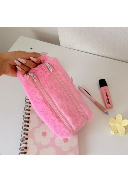 Double Softy Kalemlik/ Iki Fermuarlı/ Çift Bölmeli/ Makyaj Çantası/ Peluş/ Tüylü