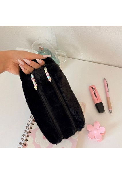 Double Softy Kalemlik/ Iki Fermuarlı/ Çift Bölmeli/ Makyaj Çantası/ Peluş/ Tüylü