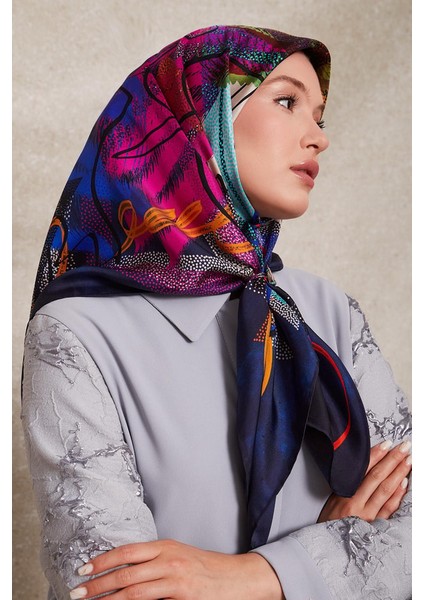 Lacivert Karmaşık Desen Twill Ipek EŞARP-0915