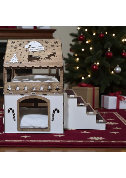 Xl Ahşap Evcil Hayvan Evi – Yılbaşı Temalı Kedi, Tavşan ve Küçük Köpek Kulübesi, Merdivenli Evcil Hayvan Şatosu