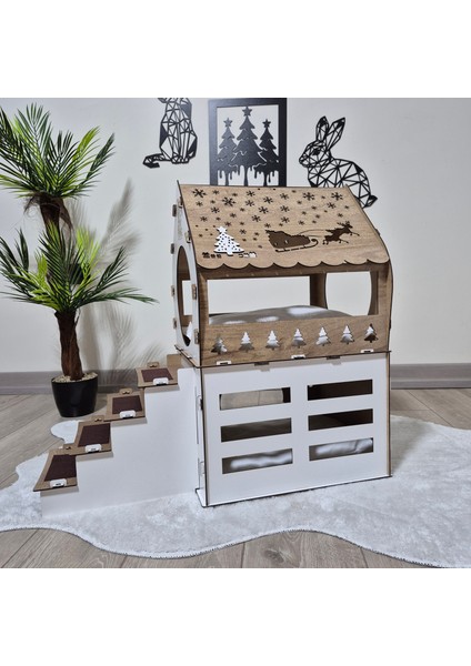 Xl Ahşap Evcil Hayvan Evi – Yılbaşı Temalı Kedi, Tavşan ve Küçük Köpek Kulübesi, Merdivenli Evcil Hayvan Şatosu modelleri