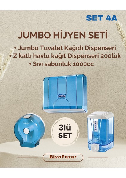 3 Lü Jumbo Hijyen Seti - Sıvı Sabunluk+Jumbo Tuvalet Kağıdı Dispenseri+Z Katlı Havlu Dispenser ŞEFFAF MAVİ