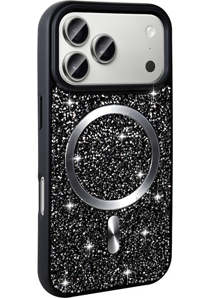 iPhone 17 Pro Kılıf Pırlanta Tasarımlı M-Safe Şarj Özellikli Vrdr Mozaik Silikon Kapak - Siyah