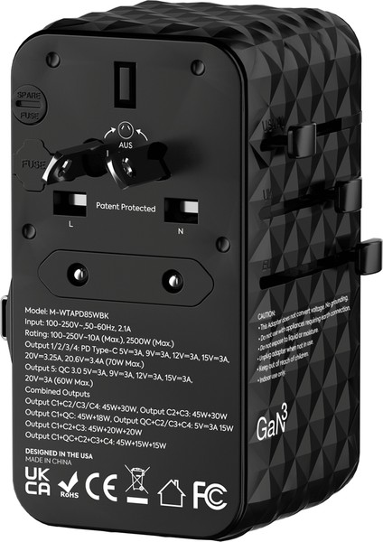 Premium Dünya Seyahat Adaptörü Gan Pd 85W Dahili Kablolu - Siyah modelleri