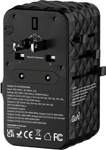 Premium Dünya Seyahat Adaptörü Gan Pd 85W Dahili Kablolu - Siyah fırsatları