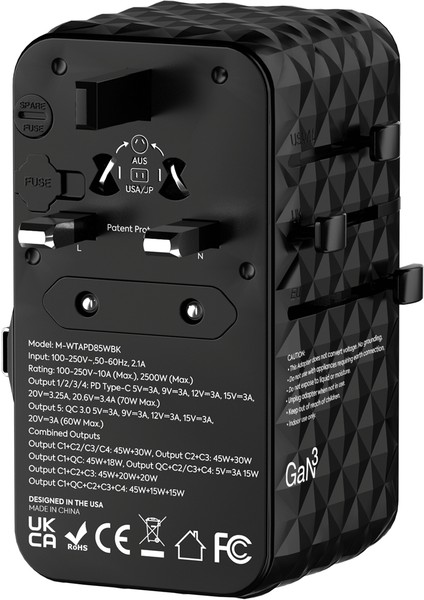 Premium Dünya Seyahat Adaptörü Gan Pd 85W Dahili Kablolu - Siyah indirimleri