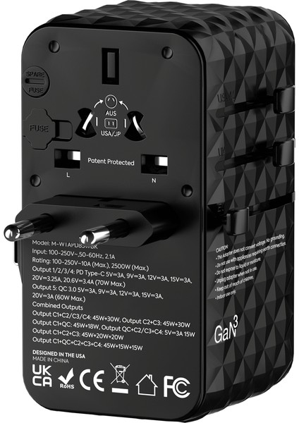 Premium Dünya Seyahat Adaptörü Gan Pd 85W Dahili Kablolu - Siyah