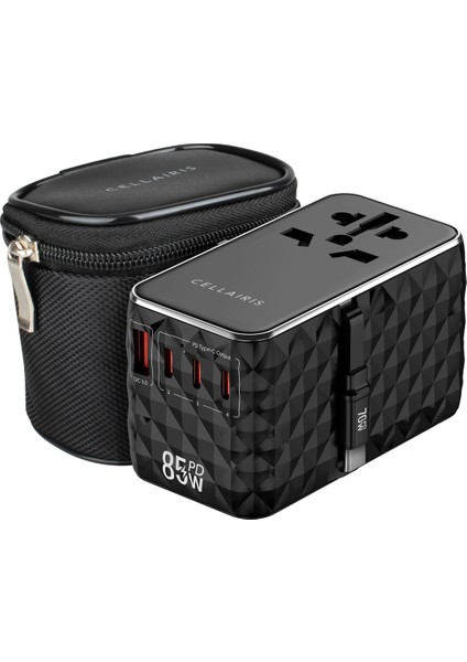 Premium Dünya Seyahat Adaptörü Gan Pd 85W Dahili Kablolu - Siyah