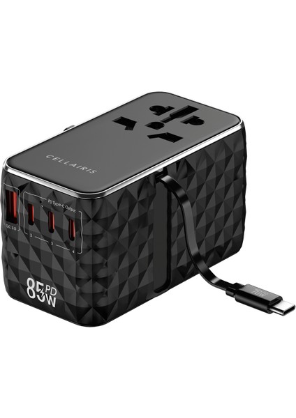 Premium Dünya Seyahat Adaptörü Gan Pd 85W Dahili Kablolu - Siyah