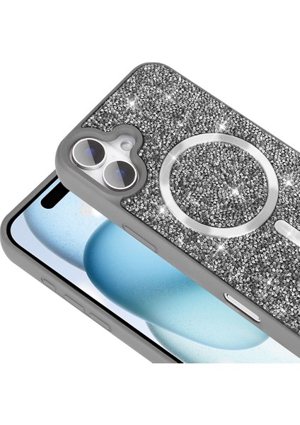 iPhone 17 Kılıf Pırlanta Tasarımlı M-Safe Şarj Özellikli Vrdr Mozaik Silikon Kapak - Siyah
