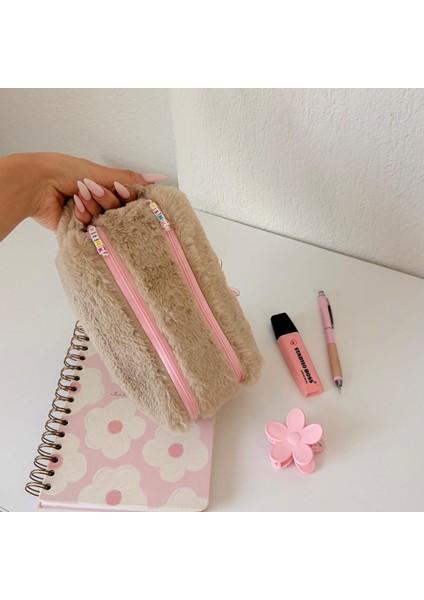 Double Softy Kalemlik/ Iki Fermuarlı/ Çift Bölmeli/ Makyaj Çantası/ Peluş/ Tüylü