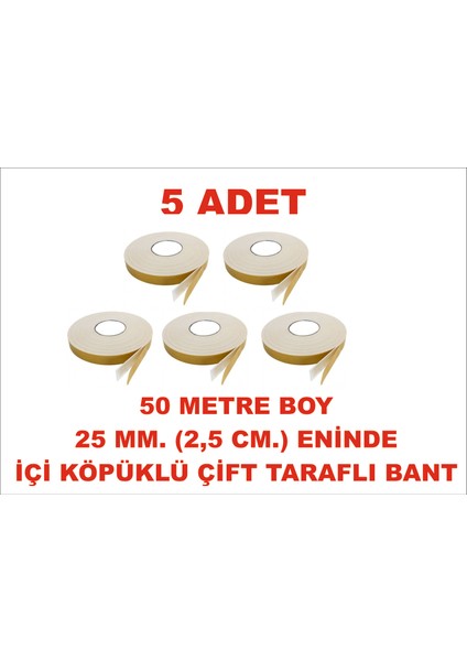 Çift Taraflı Içi Köpüklü Sarı Bant 50 M. Uzunlukta (25 Mm-2,5 Cm) Ebatında 5 Adet