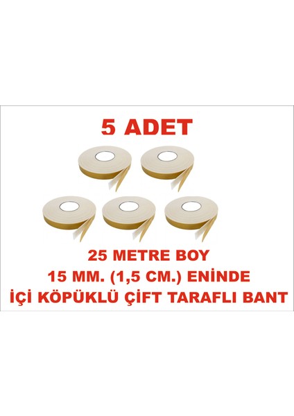 Çift Taraflı Içi Köpüklü Sarı Bant 25 M. Uzunlukta (15 Mm-1,5 Cm) Ebatında 5 Adet