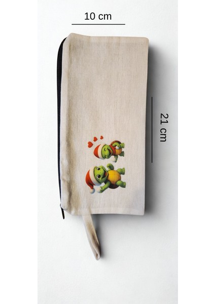 Middles & Niddles Baskılı Ham Bez Kalem Kutusu – 10X21 cm – Noel Temalı Sevimli Kaplumbağa Tasarım – Fermuarlı
