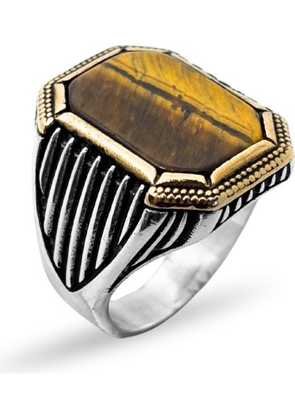 Kare Doğal Kaplan Gözü Taşlı Gümüş Erkek Yüzük