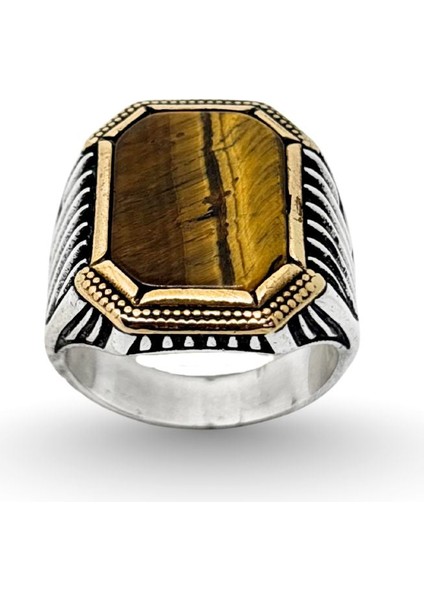 Kare Doğal Kaplan Gözü Taşlı Gümüş Erkek Yüzük fiyatları