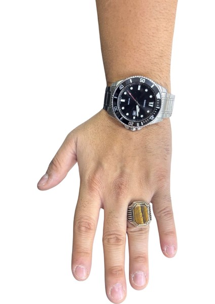 Kare Doğal Kaplan Gözü Taşlı Gümüş Erkek Yüzük modelleri