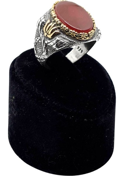 Oval Akik Taşlı Kalemli Gümüş Erkek Yüzük