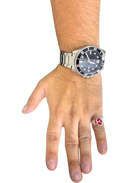 Yuvarlak Kırmızı Mineli Üç Hilal Gümüş Erkek Yüzük modelleri