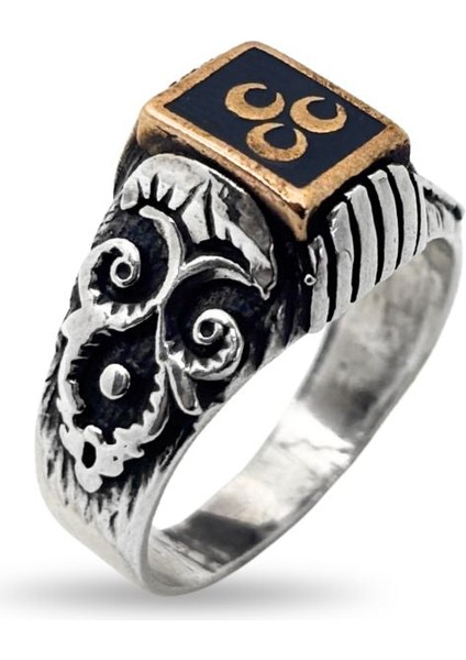 Mineli Dikdörtgen Üç Hilal Gümüş Erkek Yüzük