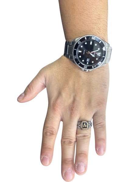 Mineli Dikdörtgen Üç Hilal Gümüş Erkek Yüzük modelleri