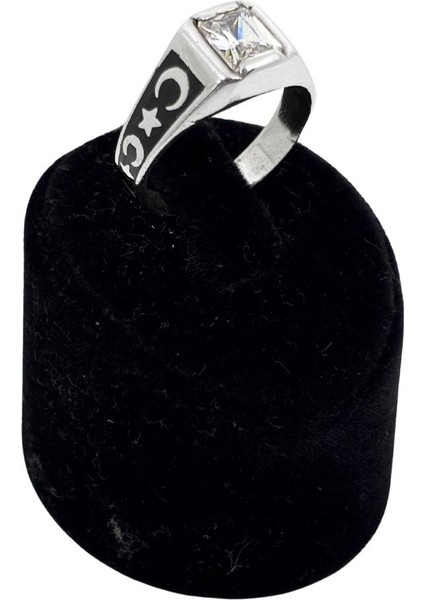 Mineli Ay Yıldız Motifli Tek Zirkon Taşlı Gümüş Erkek Yüzük