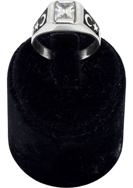 Mineli Ay Yıldız Motifli Tek Zirkon Taşlı Gümüş Erkek Yüzük fiyatları